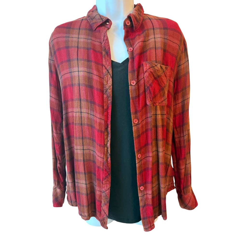 Beachlunchlounge Plaid Collared Button Down Flannel Shirt Red Orange Small